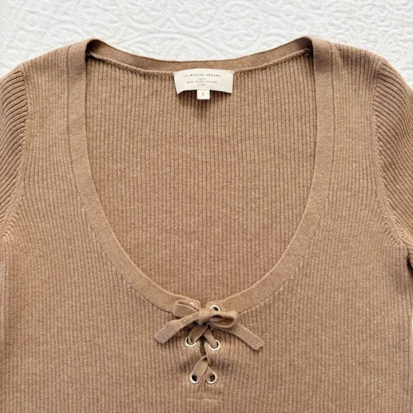Sezane Soizic Tie Front Merino Wool Blend Jumper, Camel - Picture 5 of 8